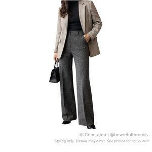 Vintage Herringbone Tailored Tall Wide Leg Trousers Office Chic Pants Size 8-10